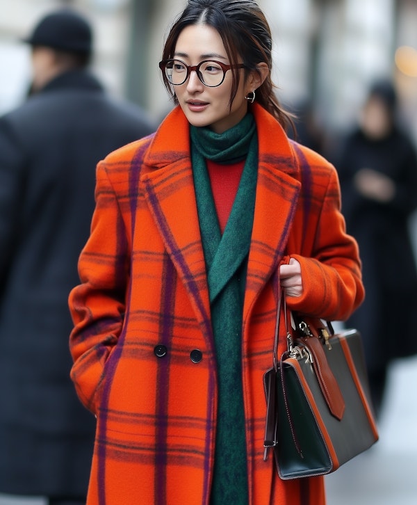 Woman in Vibrant Orange Plaid Coat