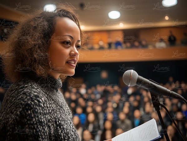 Woman Speaking at Microphone