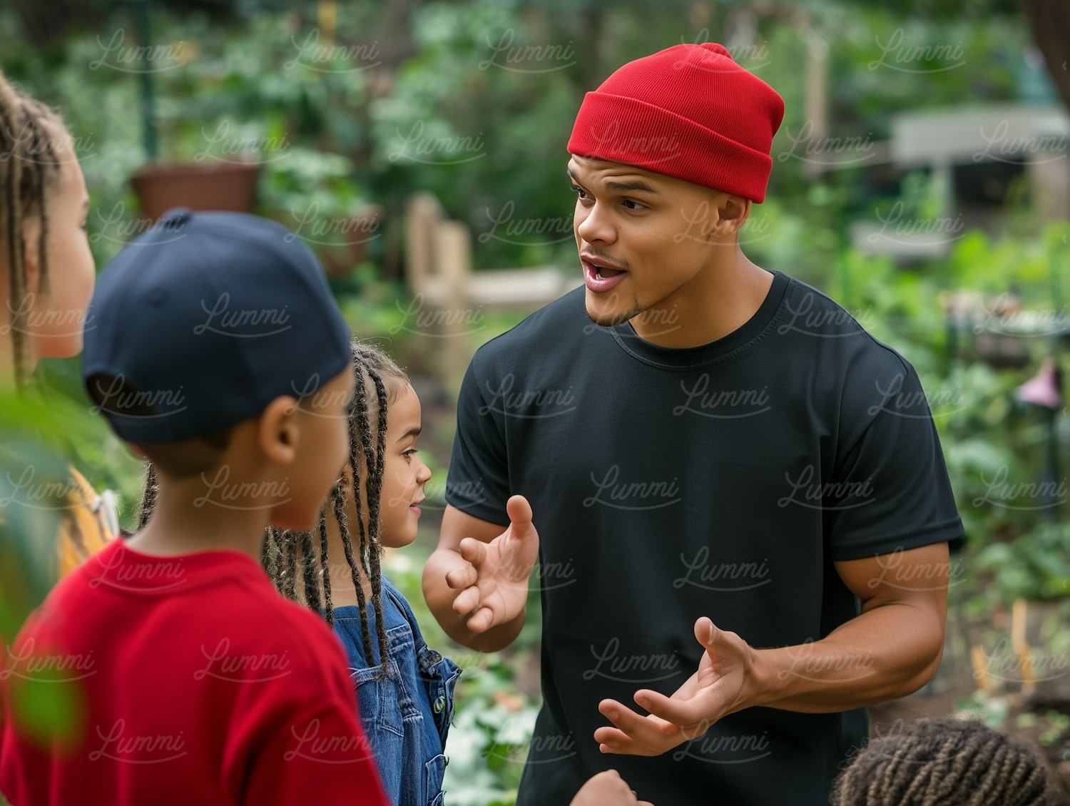 Man Engaging with Children Outdoors