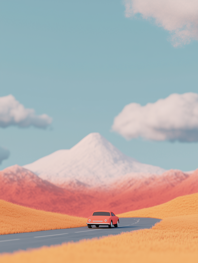 Solitary Red Car in Surreal Landscape