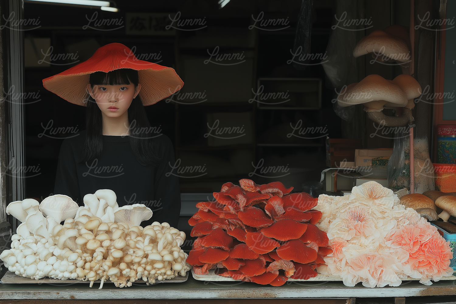 Mushroom Display with Woman in Red Hat