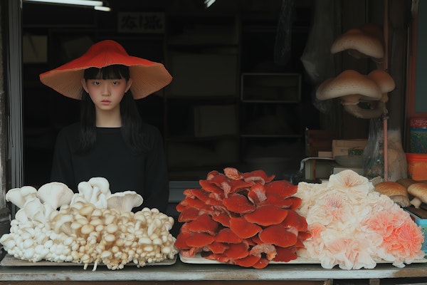 Mushroom Display with Woman in Red Hat