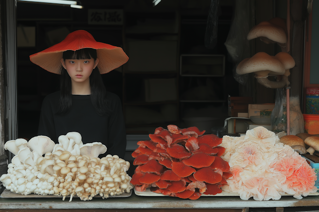 Mushroom Display with Woman in Red Hat