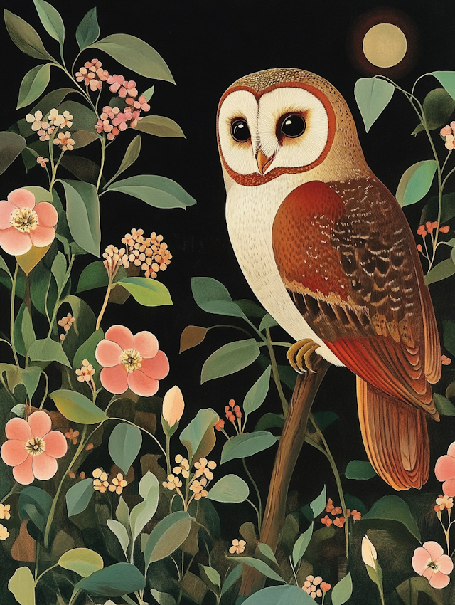 Owl in Nocturnal Floral Setting