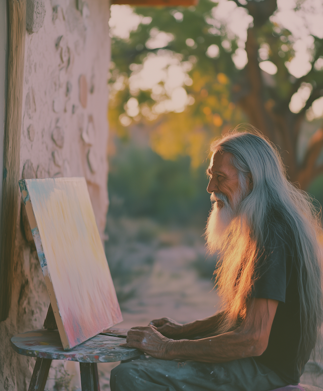 Elderly Man Painting Outdoors