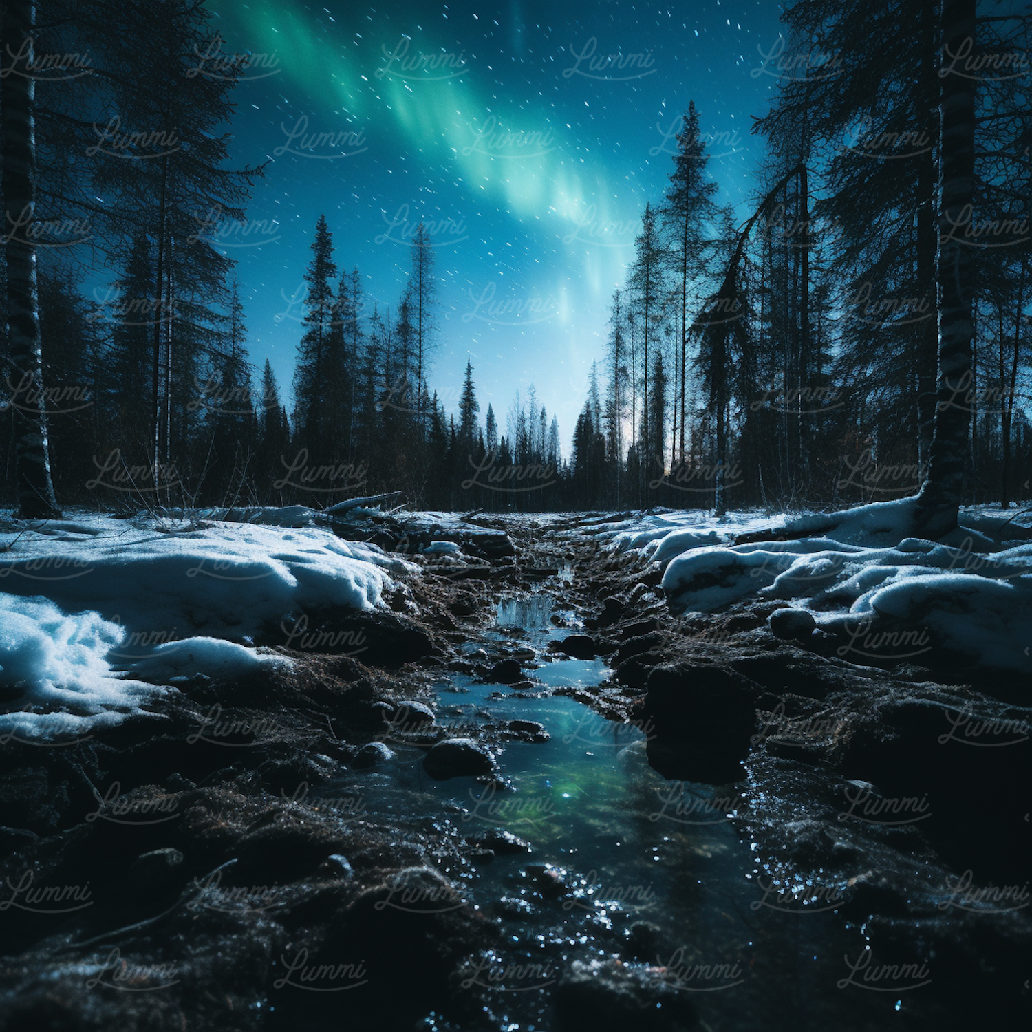 Auroral Enchantment Over Thawing Forest Stream