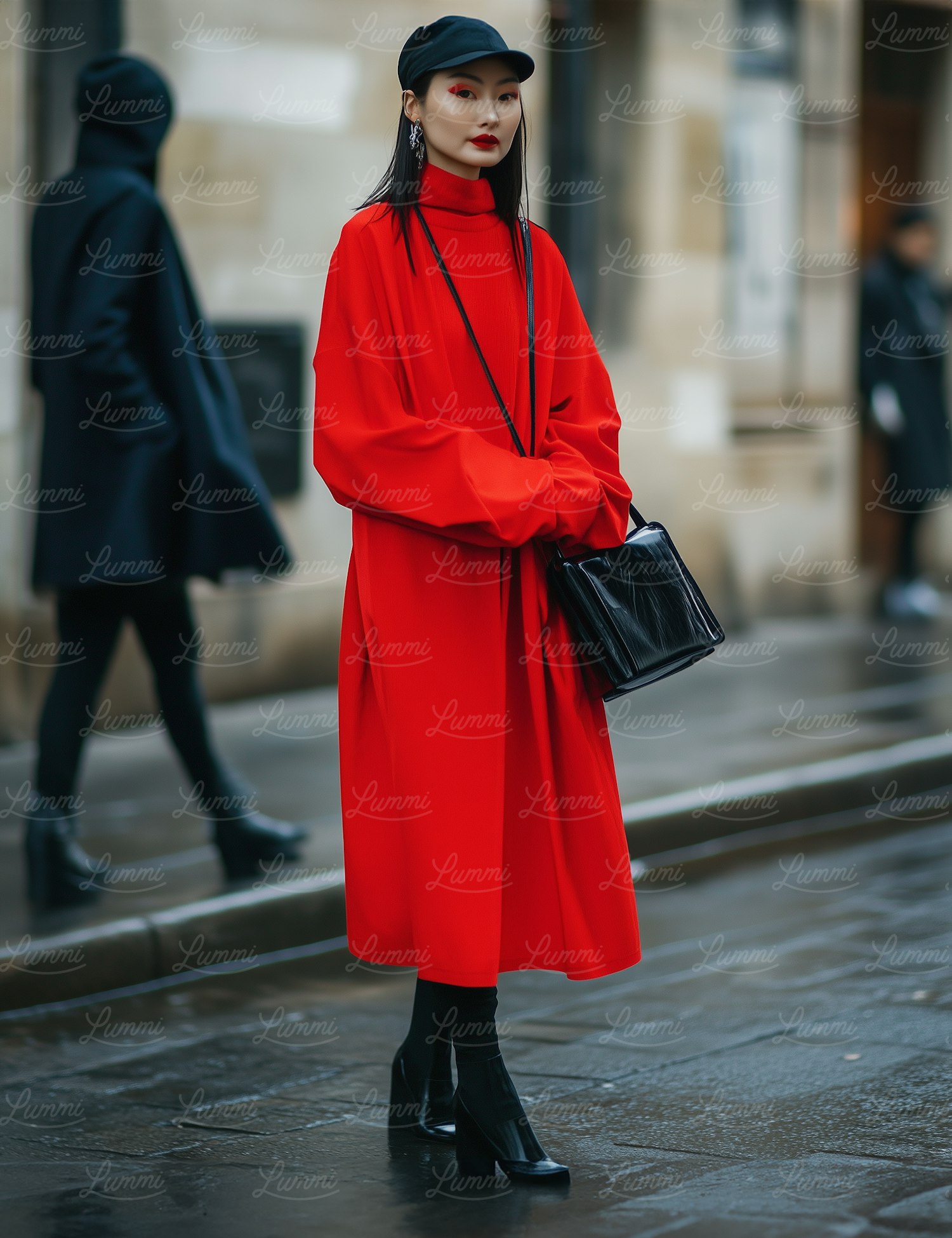 Woman in Red Coat on Wet Street