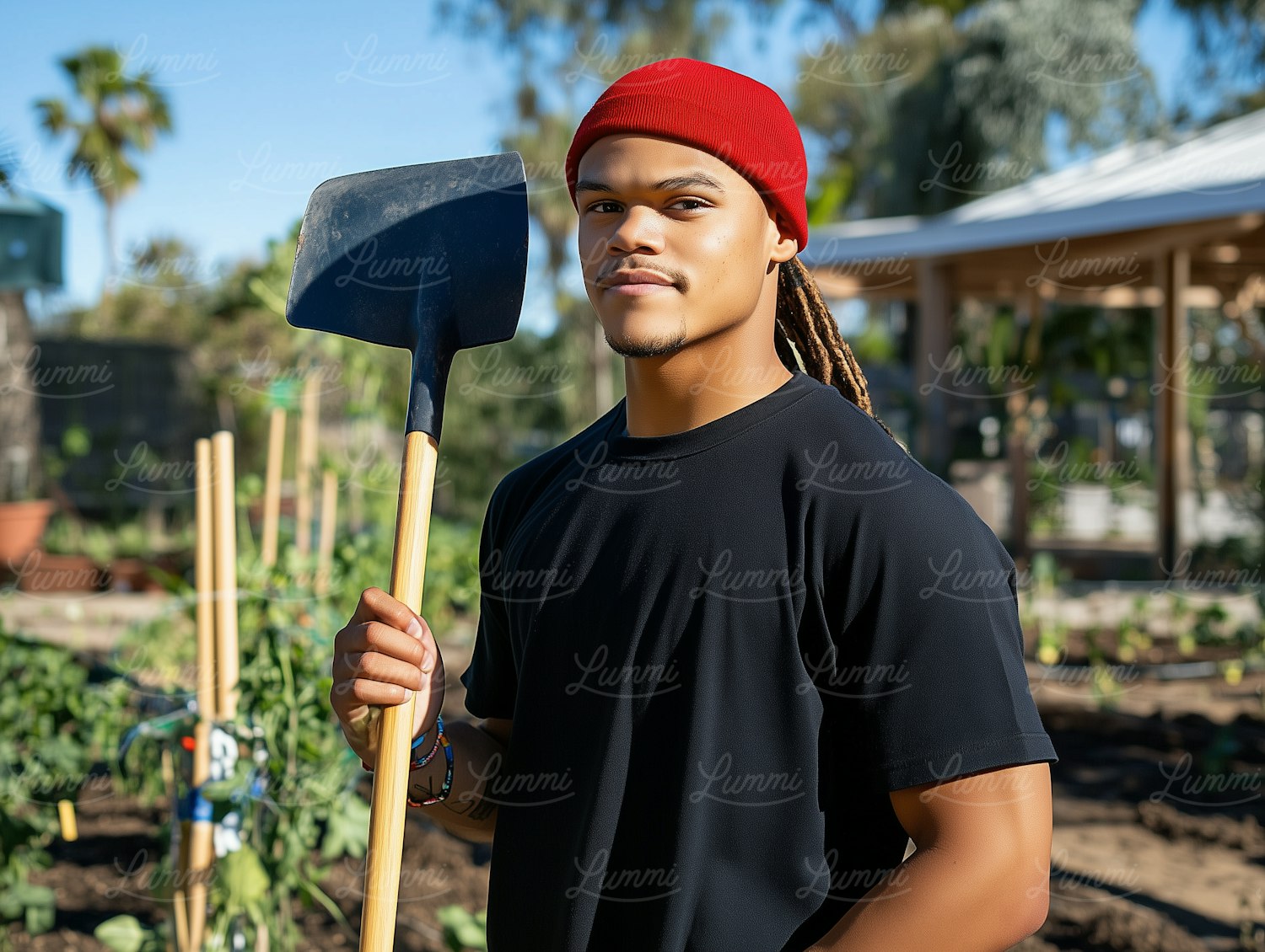 Young Man in Garden with Shovel