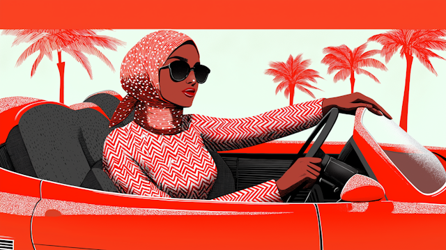 Stylized Illustration of a Woman Driving a Convertible