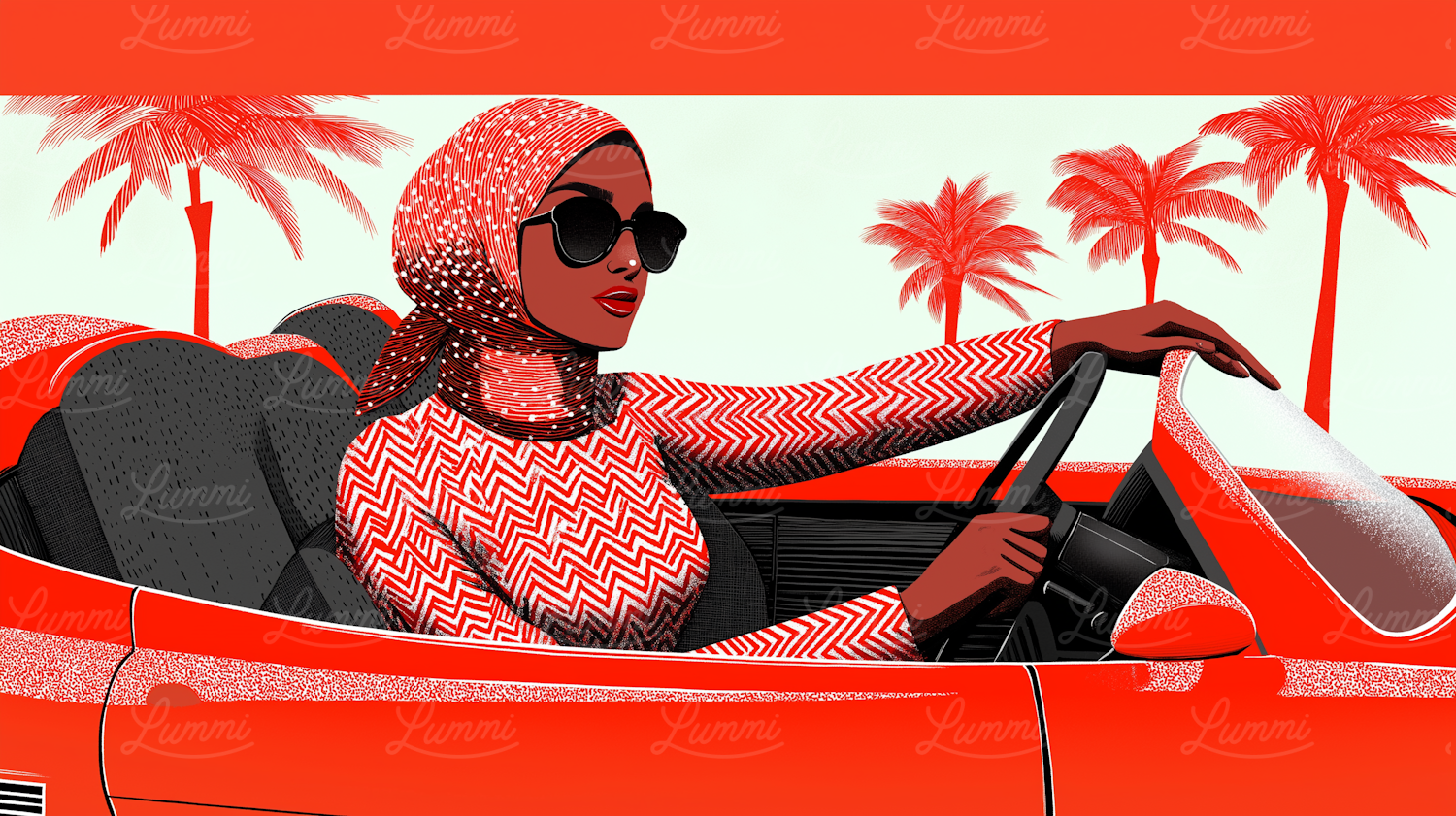 Stylized Illustration of a Woman Driving a Convertible