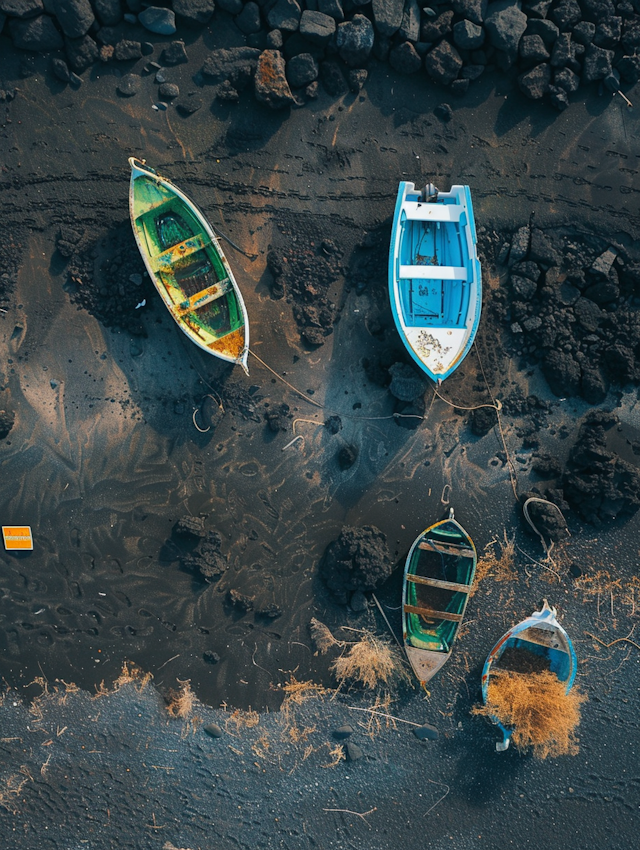 Abandoned Boats on Dark Sandy Shoreline