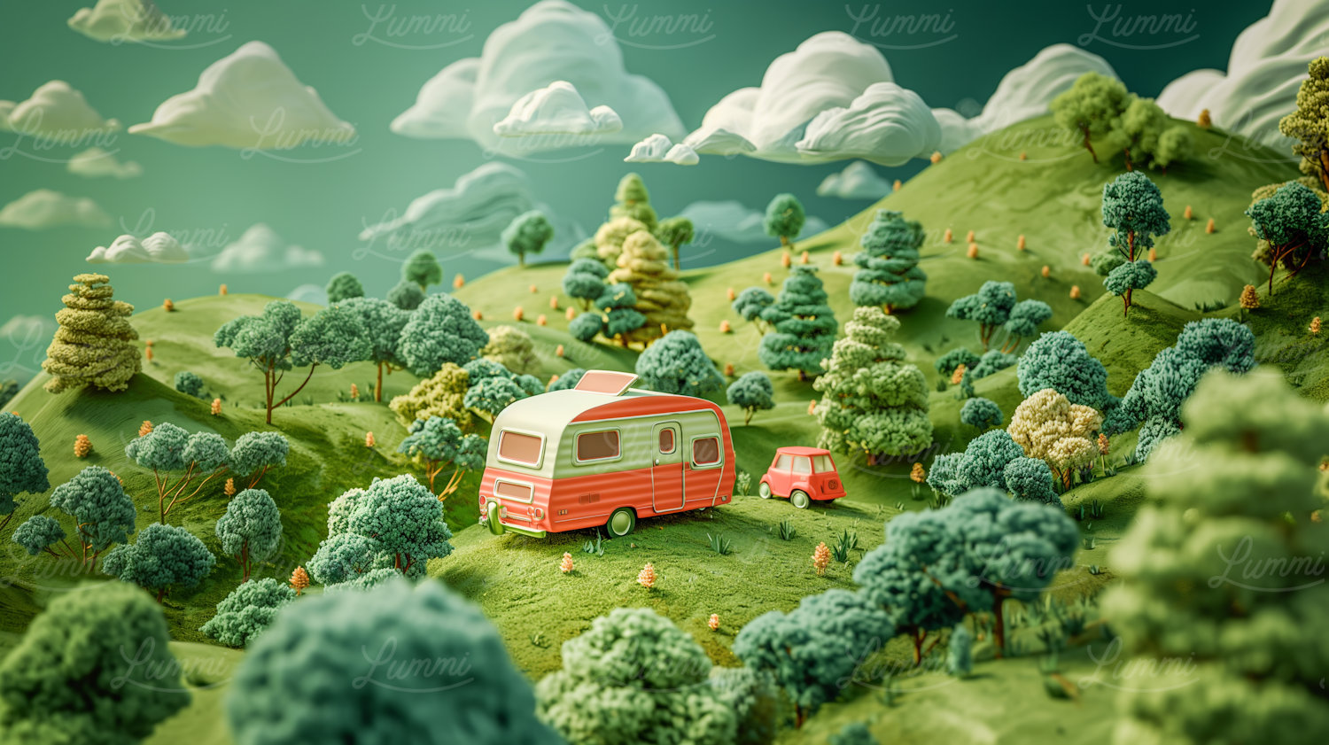 Whimsical Pastoral Landscape with Vintage Caravan