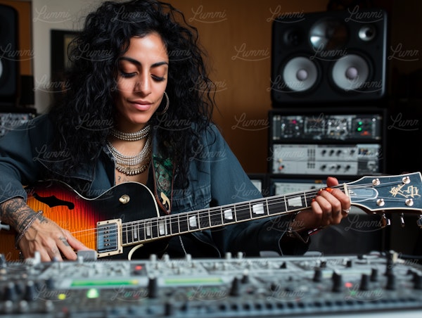 Woman Playing Guitar in Recording Studio