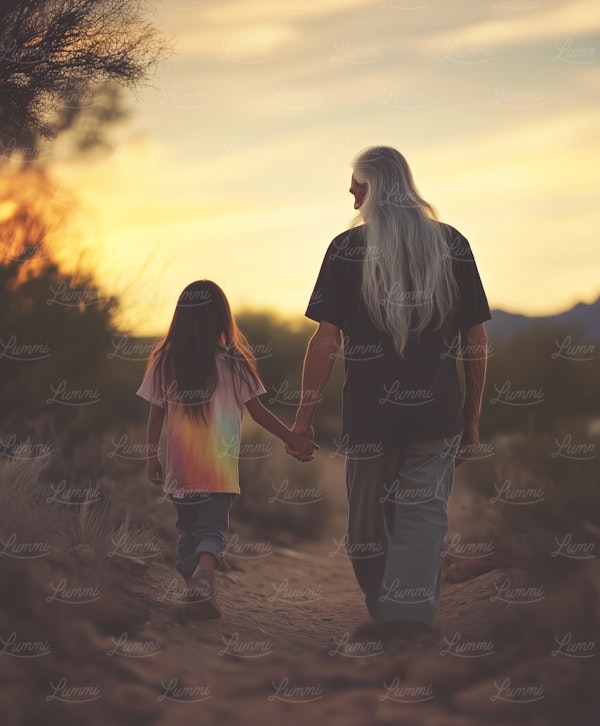 Elderly Man and Young Girl Walking at Sunset