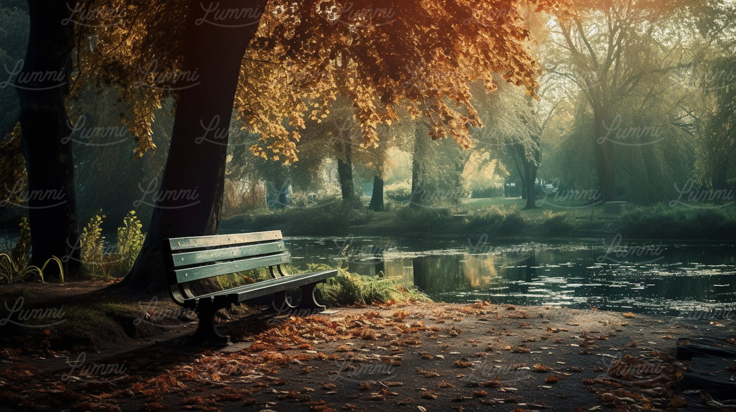 Autumnal Serenity: The Blue Bench by the Lake