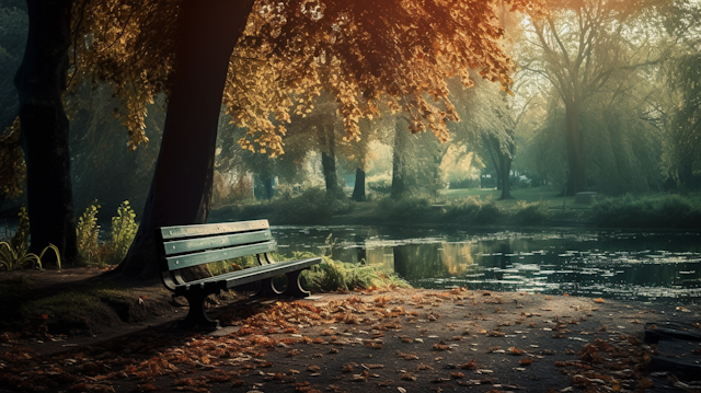 Autumnal Serenity: The Blue Bench by the Lake