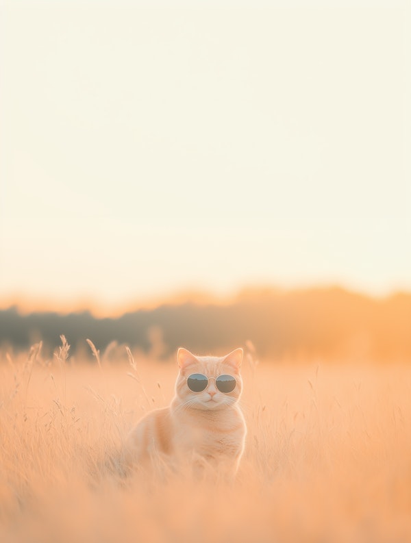 Cat in Golden Grass with Sunglasses