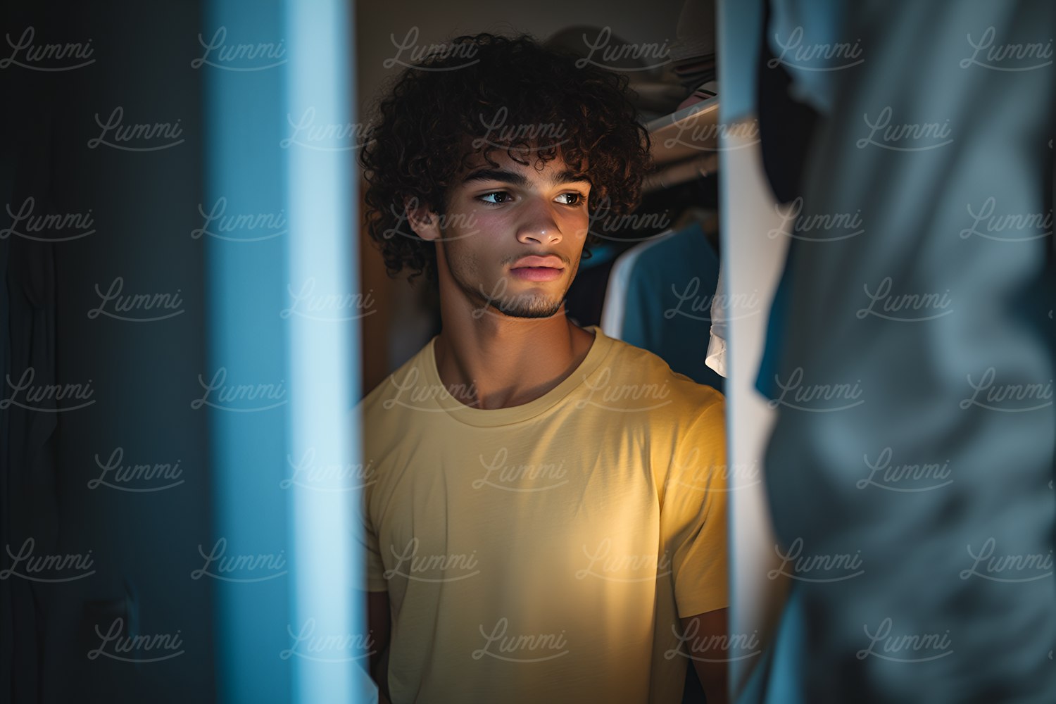 Contemplative Young Man in Closet