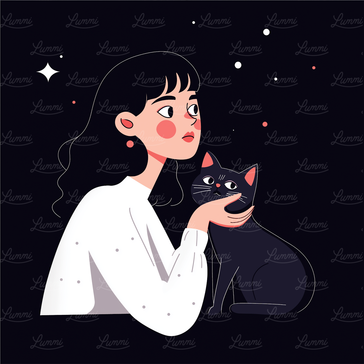 Serene Nocturnal Illustration of Woman and Cat