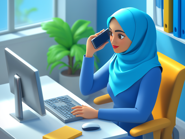 Woman in Blue Hijab on Phone at Desk