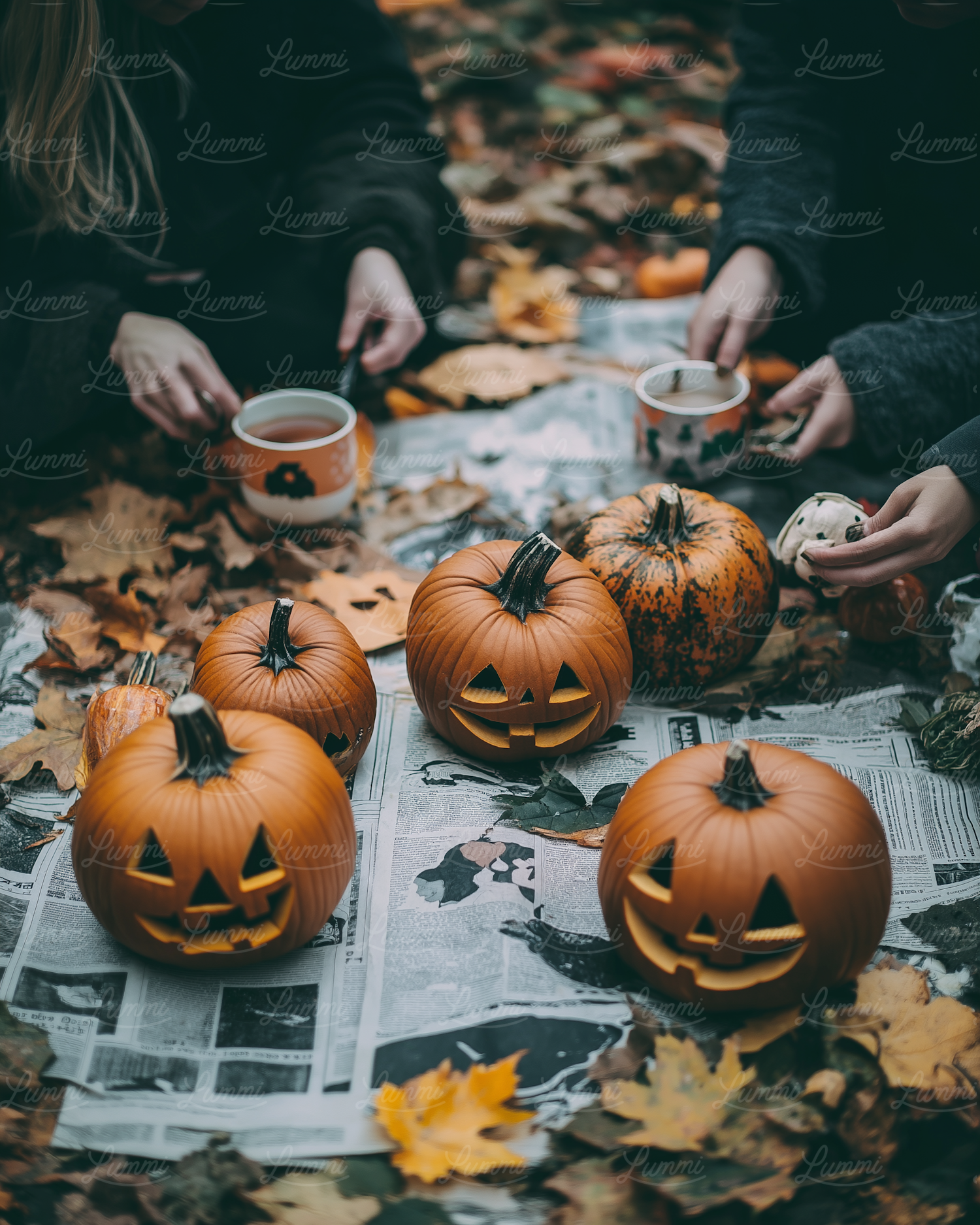 Cozy Autumn Scene with Carved Pumpkins