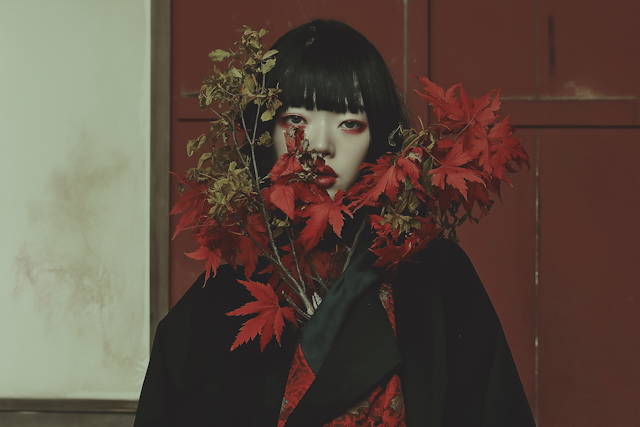 Mysterious Portrait with Red Leaves