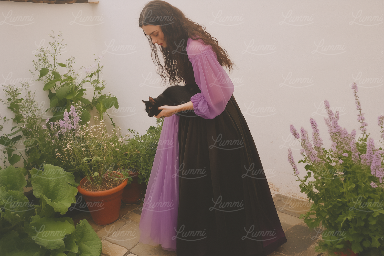 Woman with Cat in Garden