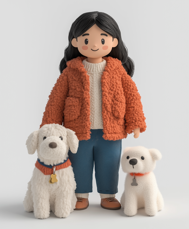 Cartoon Girl with Plush Dogs