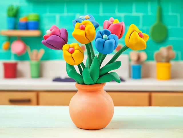 Colorful Clay Flower Bouquet in Kitchen