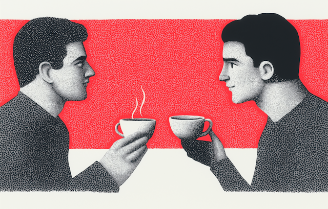 Stylized Male Figures with Warm Beverages