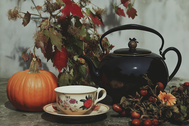 Autumn Still Life with Teapot and Pumpkin